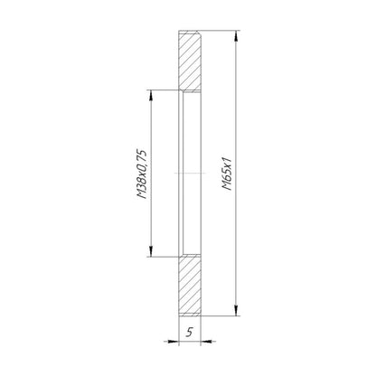 M38x0.75 female to M65x1 male thread adapter, flangeless