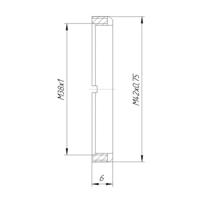 M38x1 female to M42x0.75 (T2) male thread adapter, flangeless
