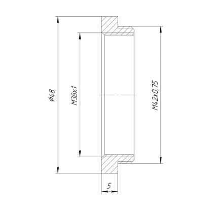 M38x1 female to M42x0.75 (T2) male thread adapter