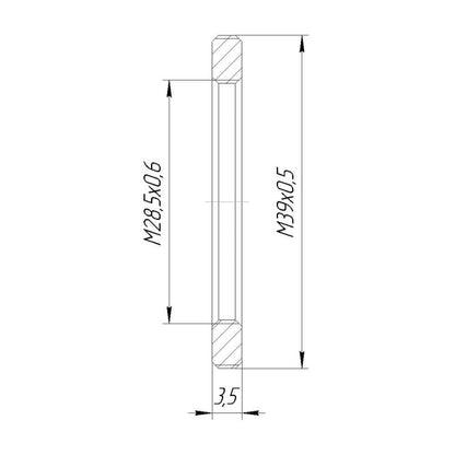 M39x0.5 male to M28.5x0.6 female thread adapter, flangeless