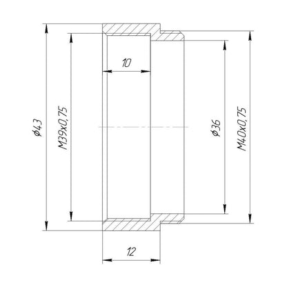 M39x0.75 female to M40x0.75 male thread adapter, 10mm depth