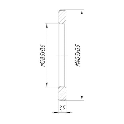 M40.5x0.5 male to M28.5x0.6 female thread adapter, flangeless