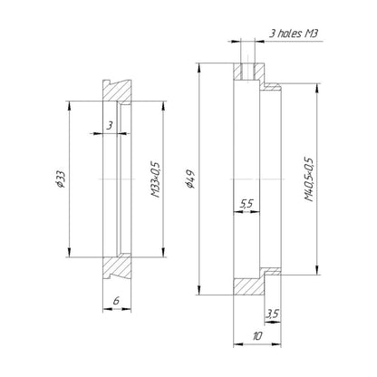 M40.5x0.5 male to M33x0.5 female thread adapter, adjustable