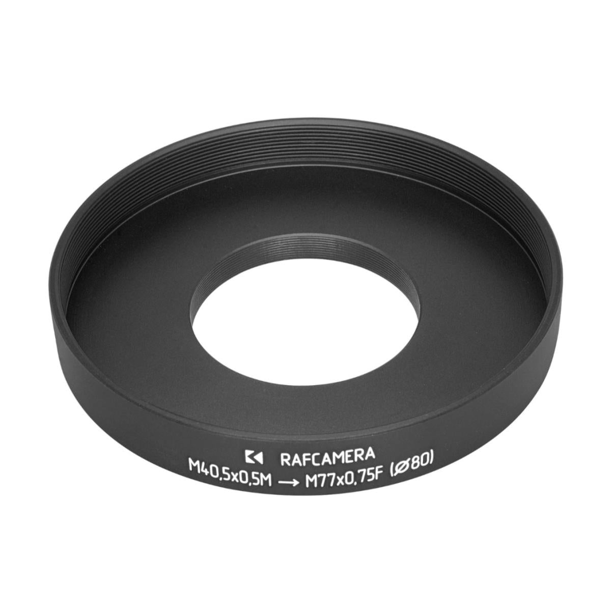M40.5x0.5 male to M77x0.75 female thread adapter with 80mm outer diameter