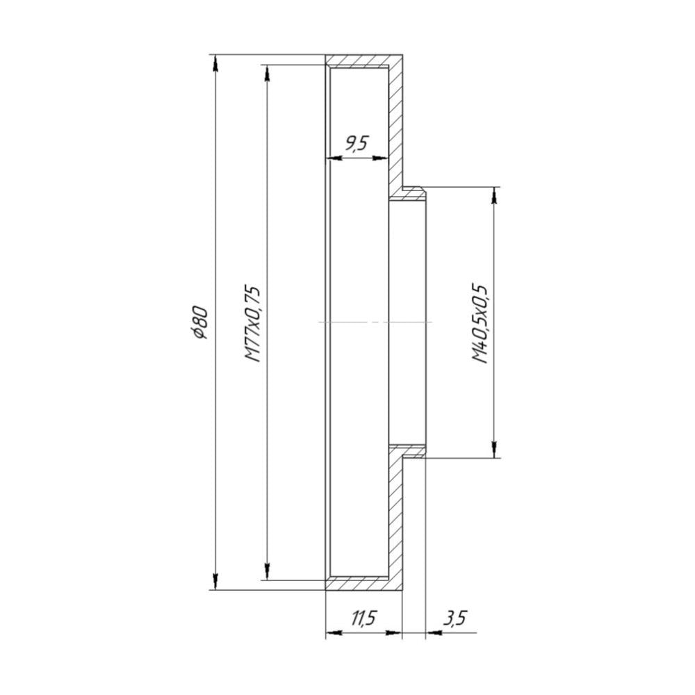 M40.5x0.5 male to M77x0.75 female thread adapter with 80mm outer diameter