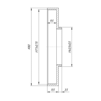 M40.5x0.5 male to M77x0.75 female thread adapter with 80mm outer diameter
