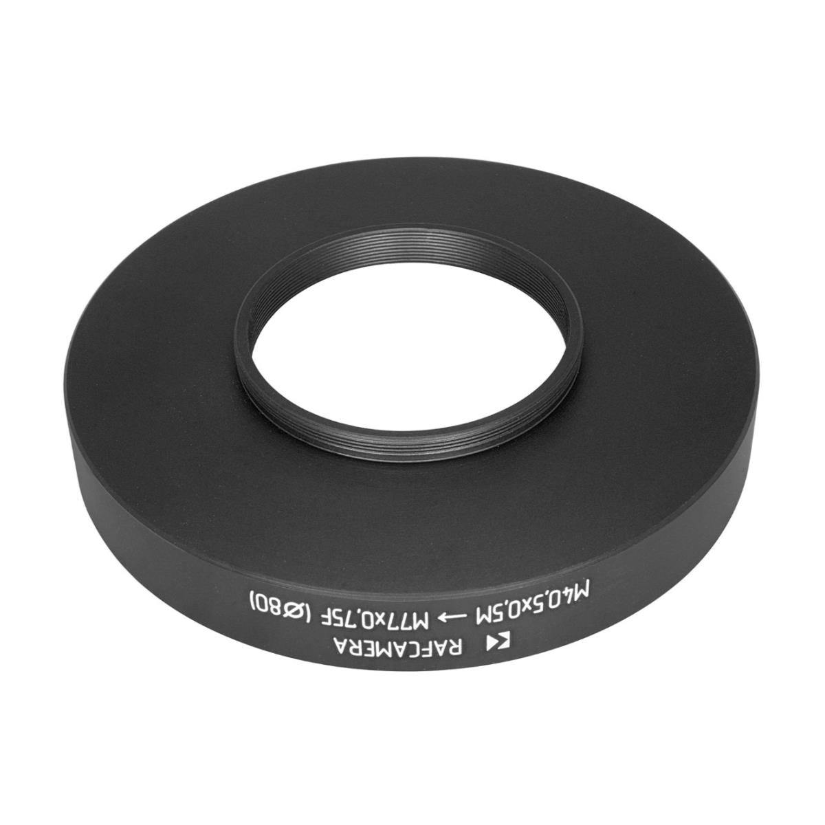 M40.5x0.5 male to M77x0.75 female thread adapter with 80mm outer diameter