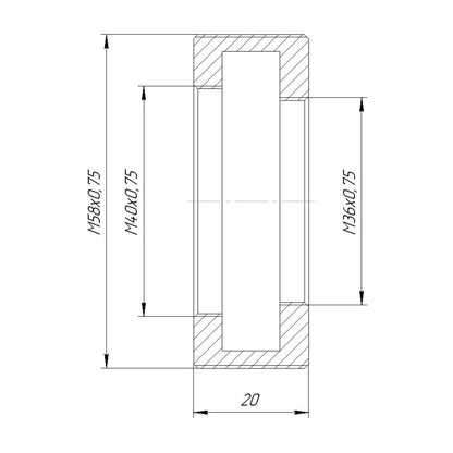 M40x0.75 and M36x0.75 female to M58x0.75 male thread adapter, 20mm long