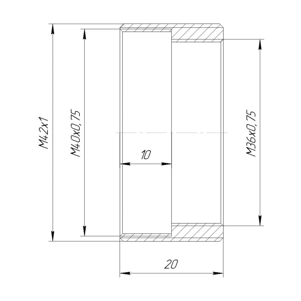 M40x0.75 and M36x0.75 female to M42x1 male thread adapter, 20mm long