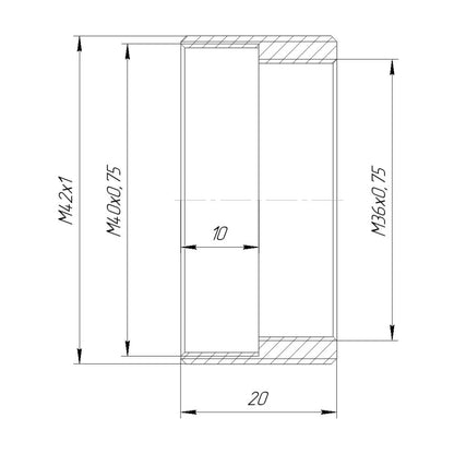 M40x0.75 and M36x0.75 female to M42x1 male thread adapter, 20mm long
