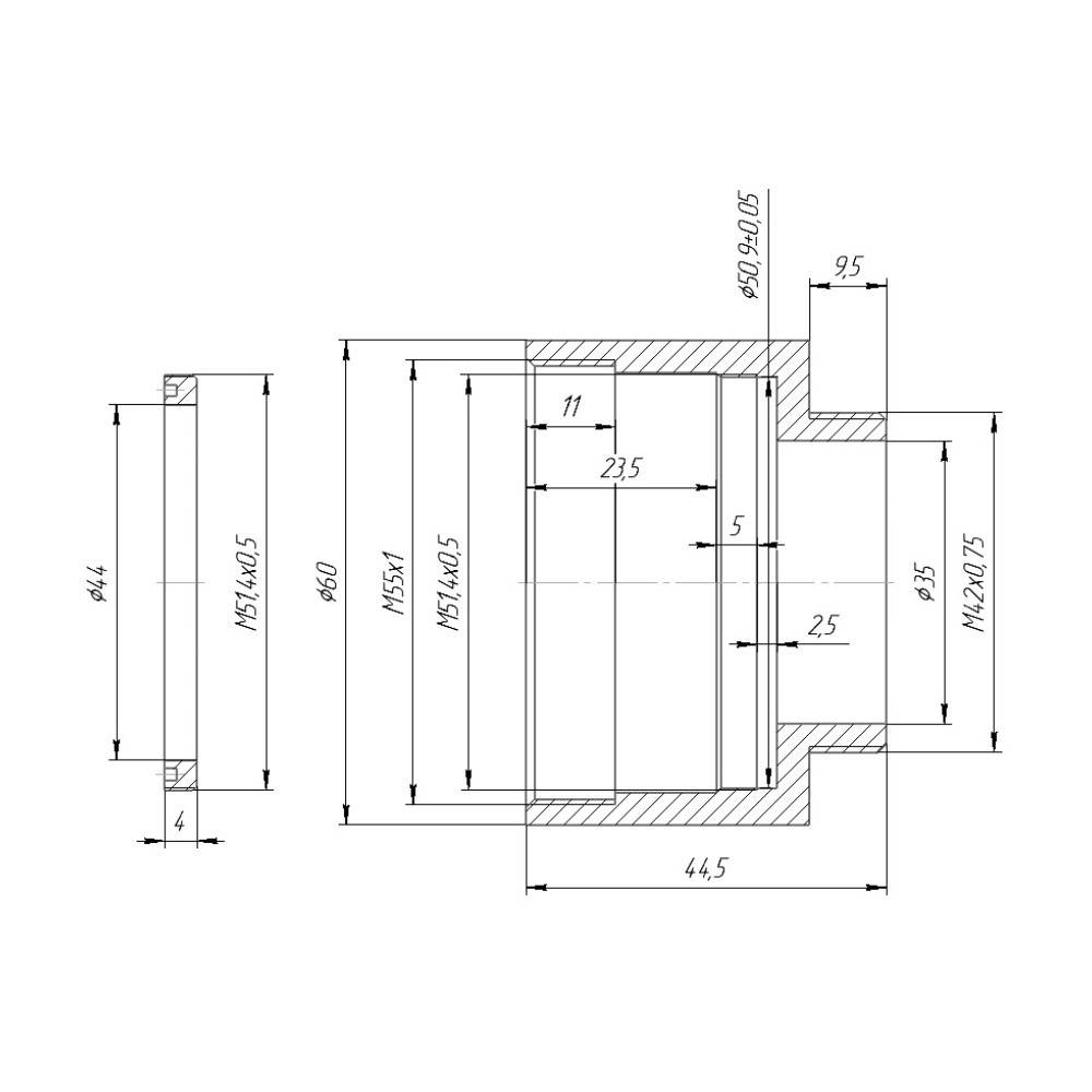 2 inch filter holder with M42x0.75 male and M55x1 female threads