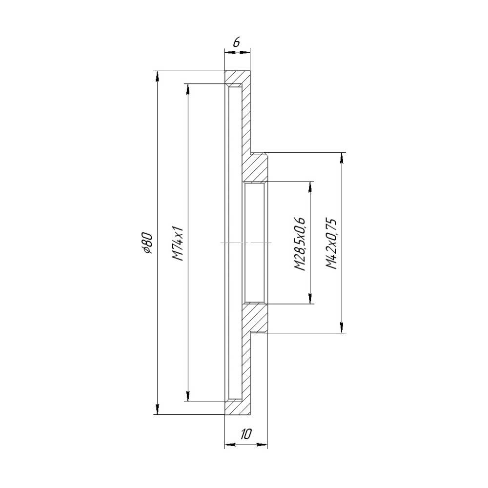 M42x0.75 male to M74x1 female thread adapter