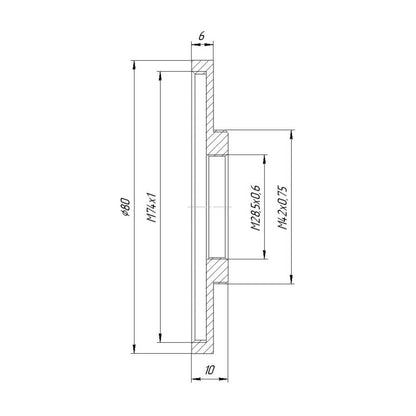 M42x0.75 male to M74x1 female thread adapter