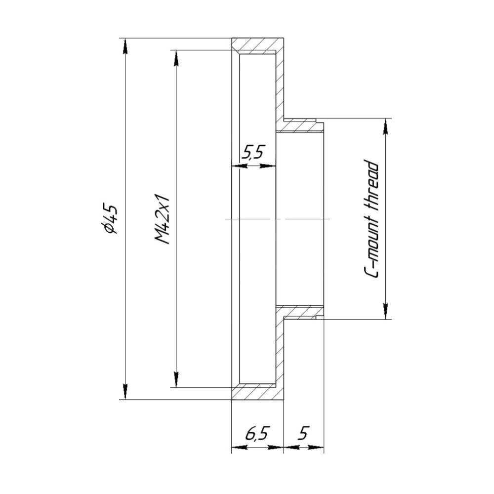 M42x1 female thread to C-mount camera adapter, 6.5mm long
