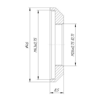 M43x0.75 female to M26x0.7 (36tpi) female thread adapter