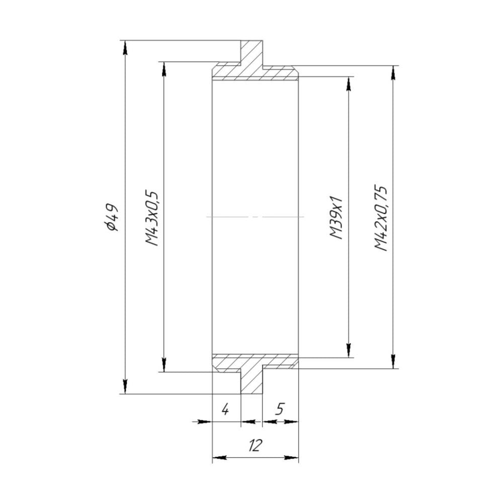 M43x0.5 male to M42x0.75 (T2) male thread adapter with M39x1 female thread