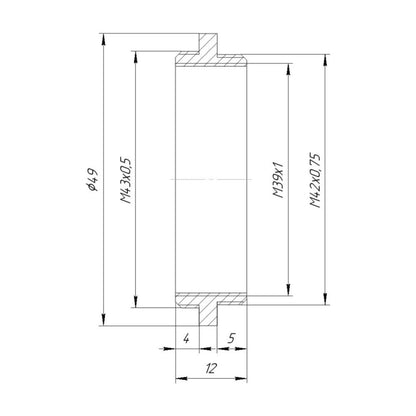 M43x0.5 male to M42x0.75 (T2) male thread adapter with M39x1 female thread
