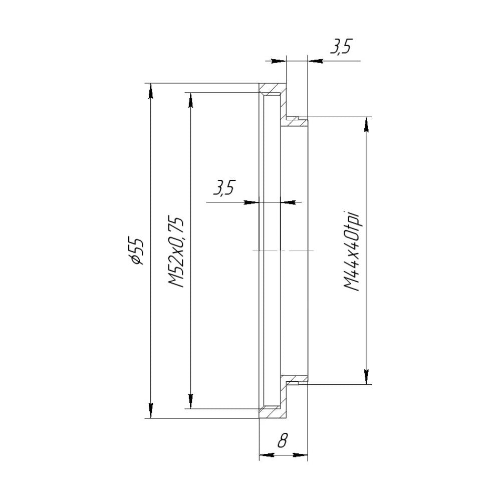 M44x40tpi male to M52x0.75 female thread adapter