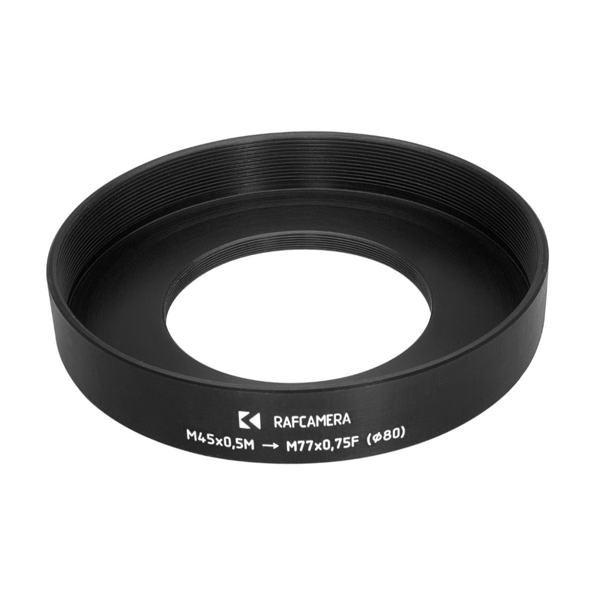 M45x0.5 male to M77x0.75 female thread adapter with 80mm outer diameter