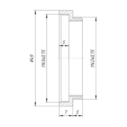 M45x0.75 female to M42x0.75 (T2) male thread adapter