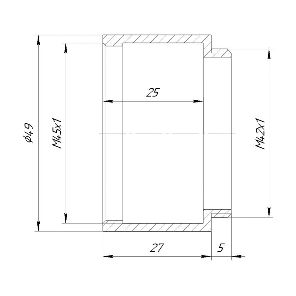 M45x1 female to M42x1 male thread adapter, 25mm deep