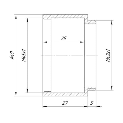 M45x1 female to M42x1 male thread adapter, 25mm deep