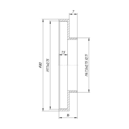 M47.5x0.75 male to M77x0.75 female thread adapter with 80mm outer diameter