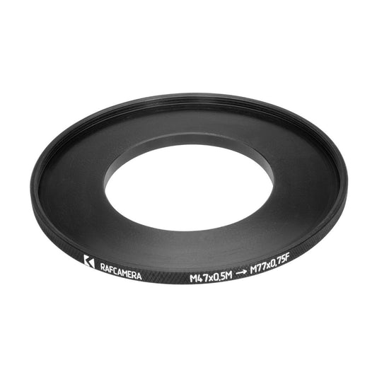 M47x0.5 male to M77x0.75 female thread adapter (47mm to 77mm step-up ring)