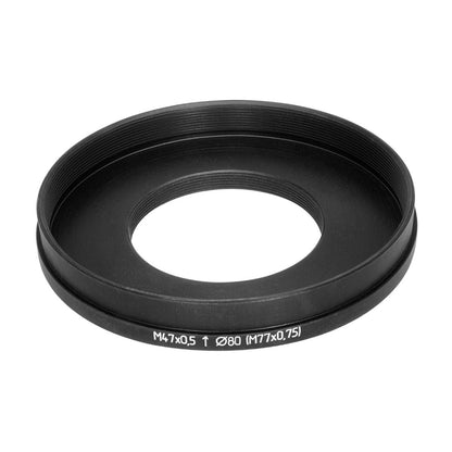 M47x0.5 male to M77x0.75 female thread adapter with 80mm outer diameter