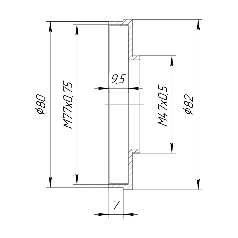 M47x0.5 male to M77x0.75 female thread adapter with 80mm outer diameter