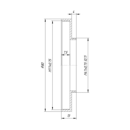 M47x0.75 male to M77x0.75 female thread adapter with 80mm outer diameter