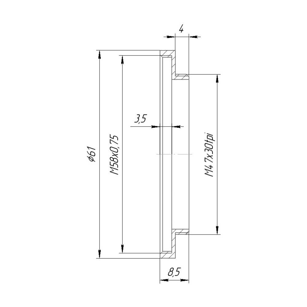 M47x30tpi male to M58x0.75 female thread adapter