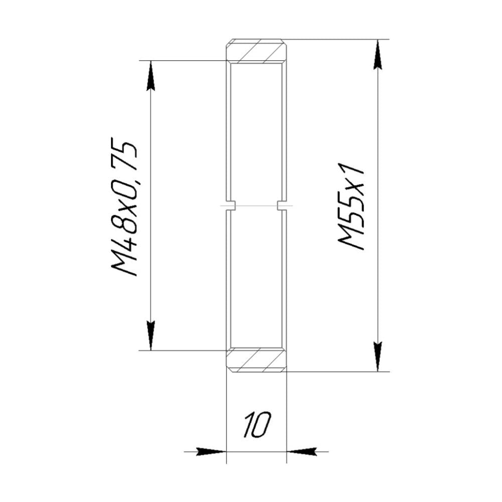 M48x0.75 female to M55x1 male thread adapter, flangeless