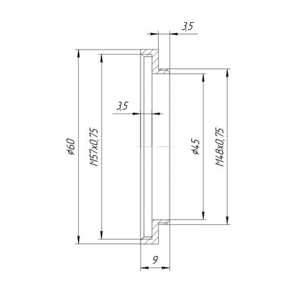 M48x0.75 male to M57x0.75 female thread adapter