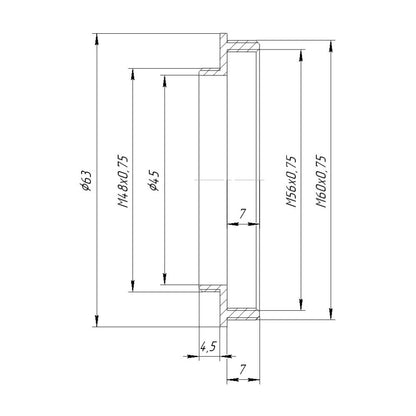 M48x0.75 male to M60x0.75 male thread adapter with M56x0.75 female thread