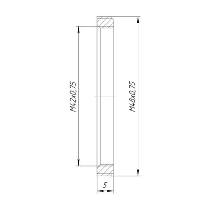 M48x0.75 male to M42x0.75 (T2) female thread adapter, flangeless