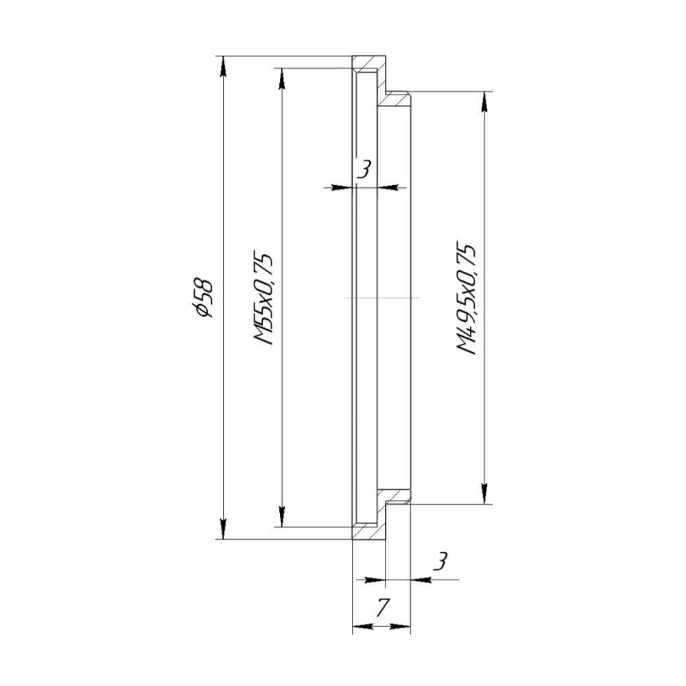 M49.5x0.75 male to M55x0.75 female thread adapter (filter step-up ring)