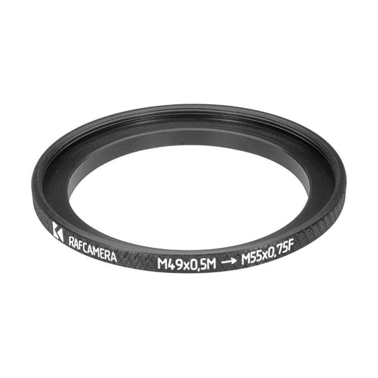 M49x0.5 male to M55x0.75 female thread adapter (49mm to 55mm step-up ring)