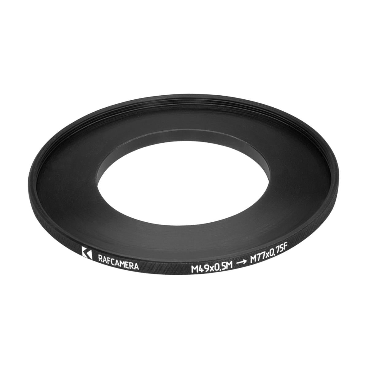 M49x0.5 male to M77x0.75 female thread adapter (49mm to 77mm step-up ring)