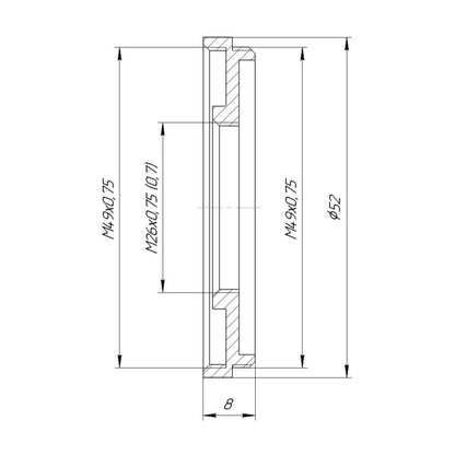 M49x0.75 male to M26x0.75 female thread adapter (49mm to 26mm step-down ring)