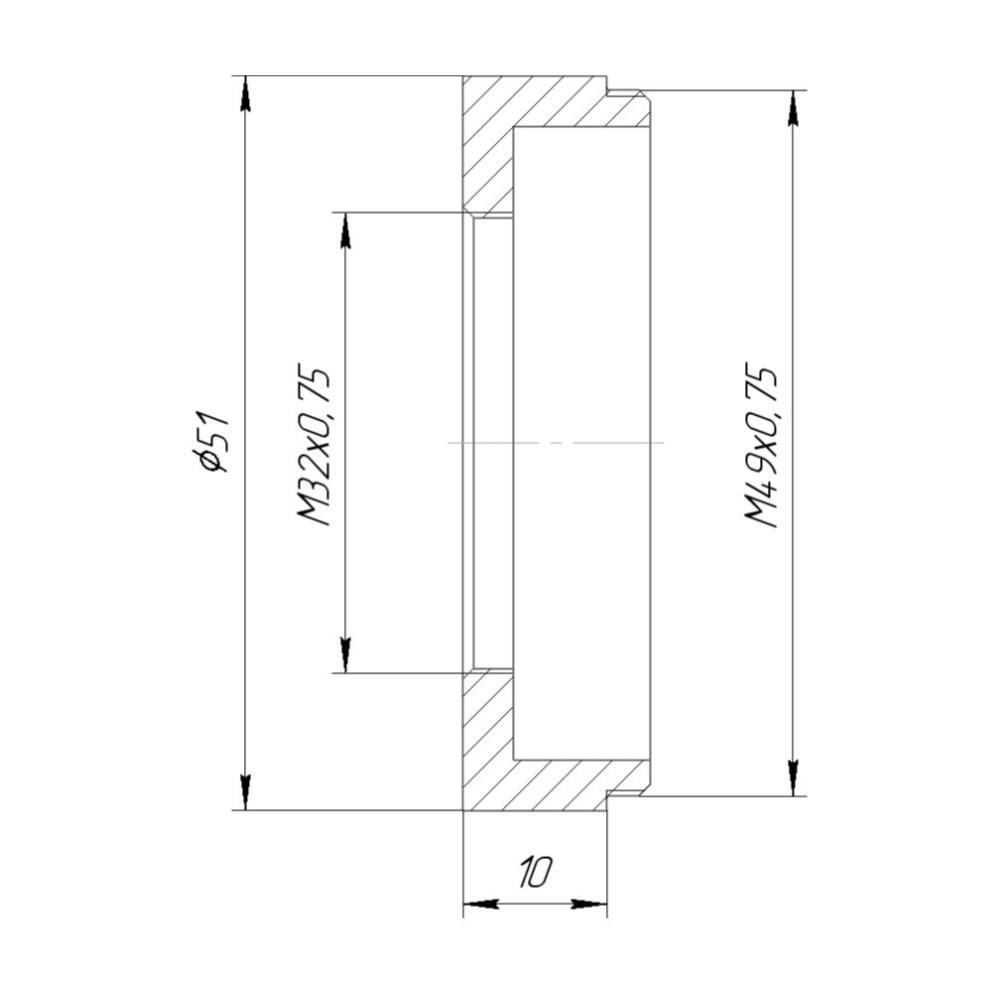 M49x0.75 male to M32x0.75 female thread adapter, 10mm deep