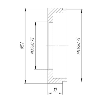 M49x0.75 male to M32x0.75 female thread adapter, 10mm deep
