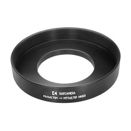 M49x0.75 male to M77x0.75 female thread adapter with 80mm outer diameter