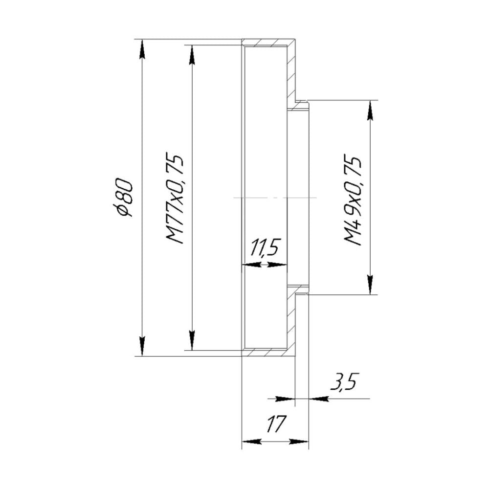M49x0.75 male to M77x0.75 female thread adapter with 80mm outer diameter