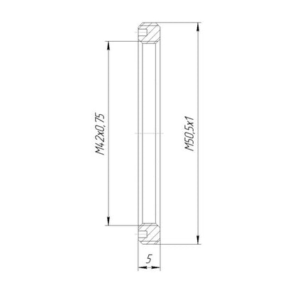 M50.5x1 male to M42x0.75 female thread adapter, flangeless