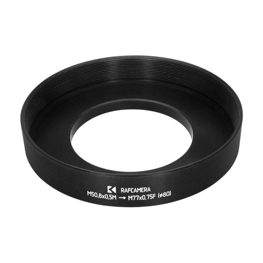 M50.8x0.5 male to M77x0.75 female thread adapter with 80mm outer diameter