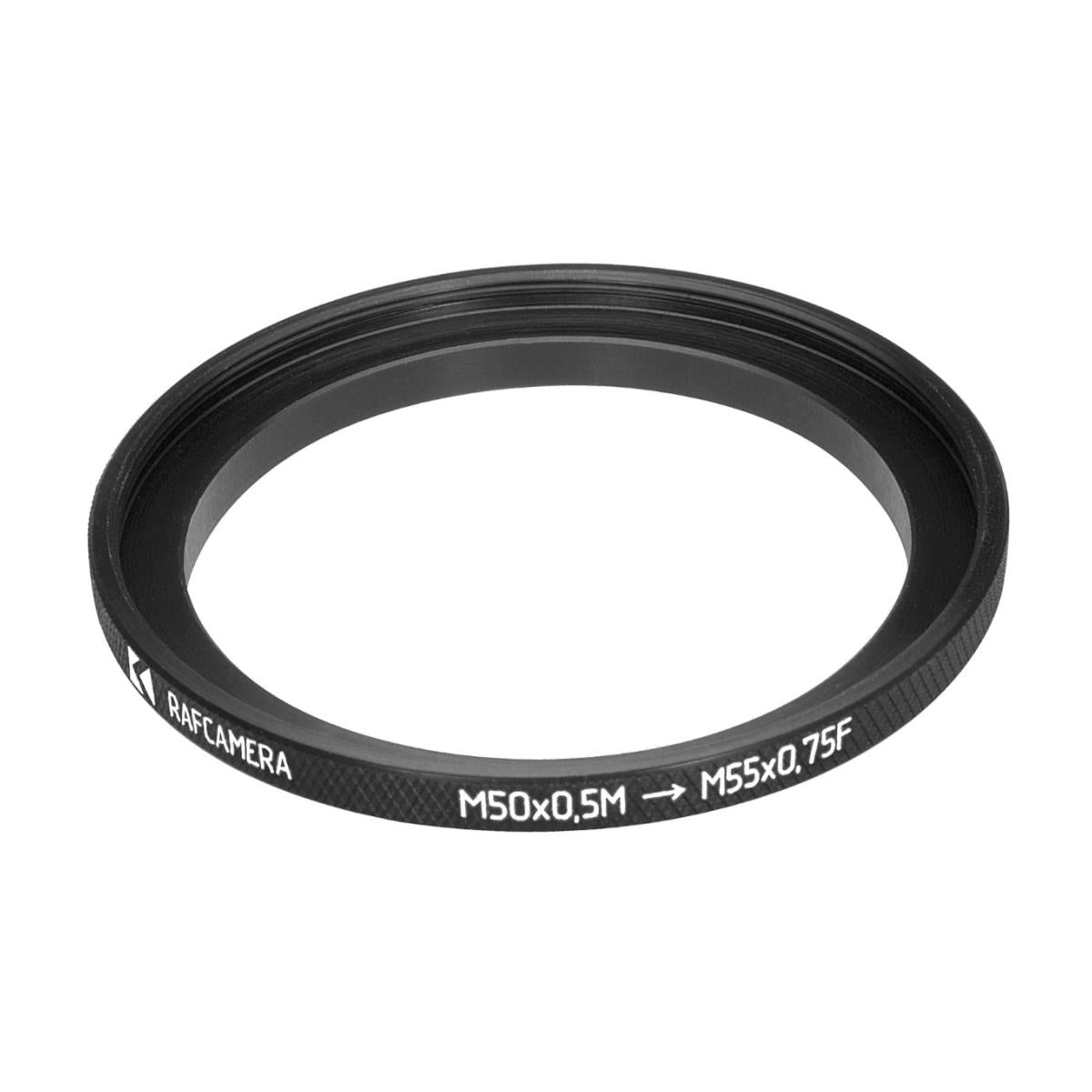 M50x0.5 male to M55x0.75 female thread adapter (50mm to 55mm step-up ring)