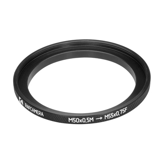 M50x0.5 male to M55x0.75 female thread adapter (50mm to 55mm step-up ring)