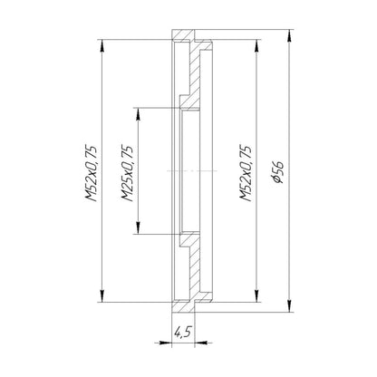 M52x0.75 male to M25x0.75 female thread adapter (52mm to 25mm step-down ring)