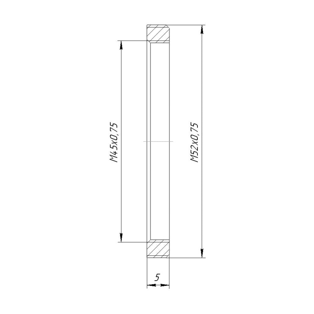 M52x0.75 male to M45x0.75 female thread adapter, flangeless